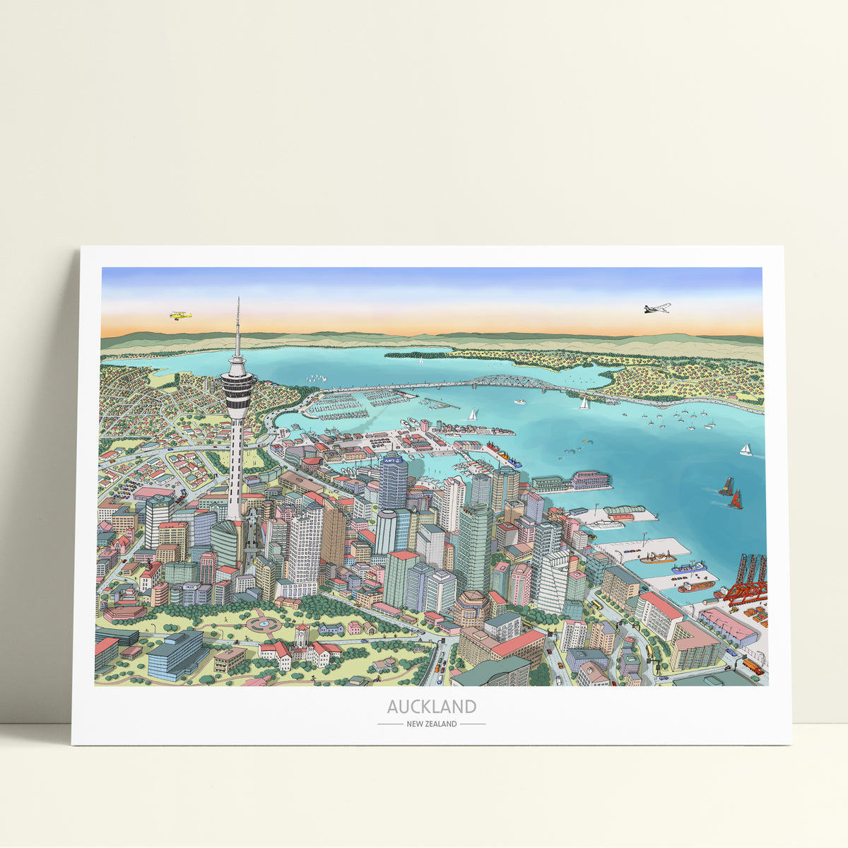 Hand-drawn map art print of Auckland, New Zealand – digital colour, featuring Skytower, CBD, waterfront, docks, bridge, and America's Cup boats.