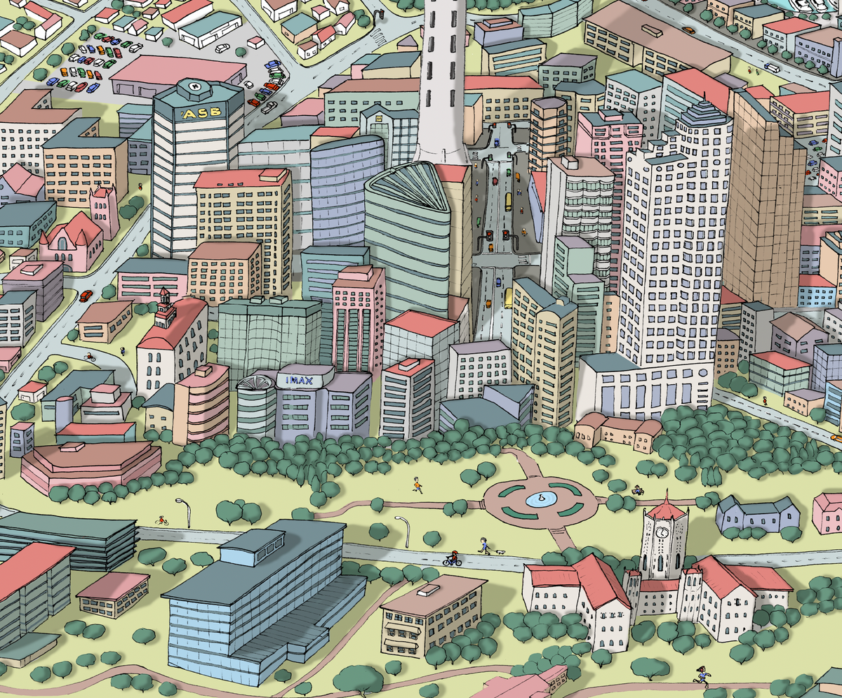 Close-up of Hand-drawn Auckland map art print with digital colours. New Zealand