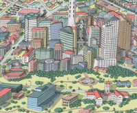 Close-up of Hand-drawn Auckland map art print with digital colours. New Zealand