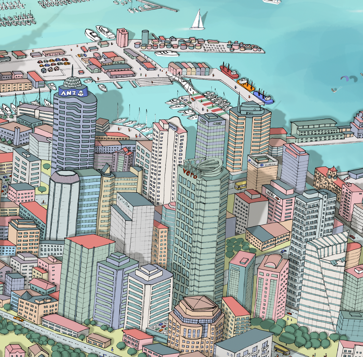 Close-up of Hand-drawn Auckland map art print with digital colours, featuring docks, boats, bridge and buildings. New Zealand