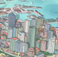 Close-up of Hand-drawn Auckland map art print with digital colours, featuring docks, boats, bridge and buildings. New Zealand