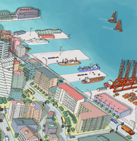 Close-up of Hand-drawn Auckland map art print with digital colours, featuring boats and cruise. New Zealand.