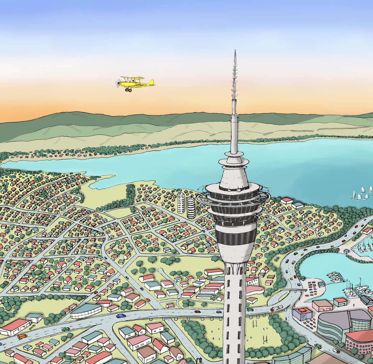 Close-up of Hand-drawn Auckland map art print with digital colours, featuring Skytower
