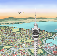 Close-up of Hand-drawn Auckland map art print with digital colours, featuring Skytower