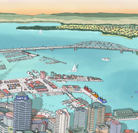 Close-up of Hand-drawn Auckland map art print with digital colours, featuring Auckland bridge and port.