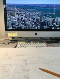 Hand-drawn Auckland map drawing process, using Google maps view for reference. 