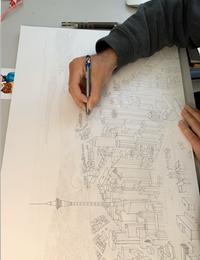 Hand-drawn Auckland map drawing process, using pen after pencil sketches.