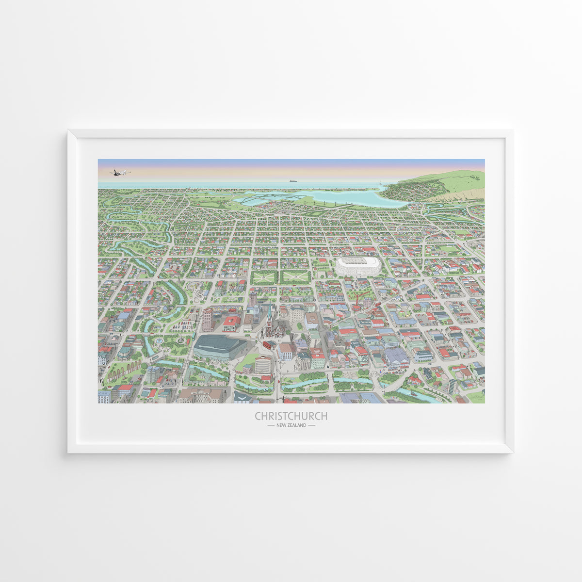 Christchurch hand drawn map art print, New Zealand. Shows the city streets, the official project of the new Cathedral, the New stadium, and thousands of details. Displayed in White frame.