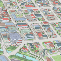 Christchurch hand drawn map art print, New Zealand. Shows the city streets, the official project of the new Cathedral, the New stadium, and thousands of details. Riverside close up.