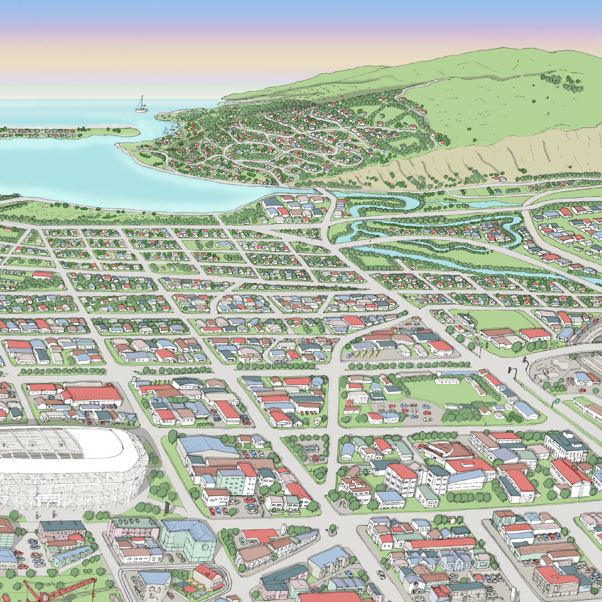 Christchurch hand drawn map art print, New Zealand. Shows the city streets, the official project of the new Cathedral, the New stadium, and thousands of details. Close up Mount Pleasant.