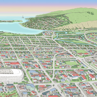 Christchurch hand drawn map art print, New Zealand. Shows the city streets, the official project of the new Cathedral, the New stadium, and thousands of details. Close up Mount Pleasant.