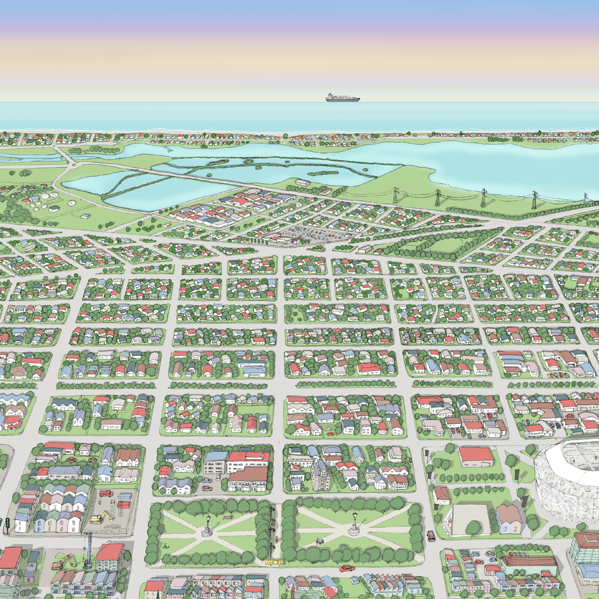 Christchurch hand drawn map art print, New Zealand. Shows the city streets, the official project of the new Cathedral, the New stadium, and thousands of details. Close up Cargo ship at the horizon.