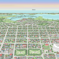 Christchurch hand drawn map art print, New Zealand. Shows the city streets, the official project of the new Cathedral, the New stadium, and thousands of details. Close up Cargo ship at the horizon.