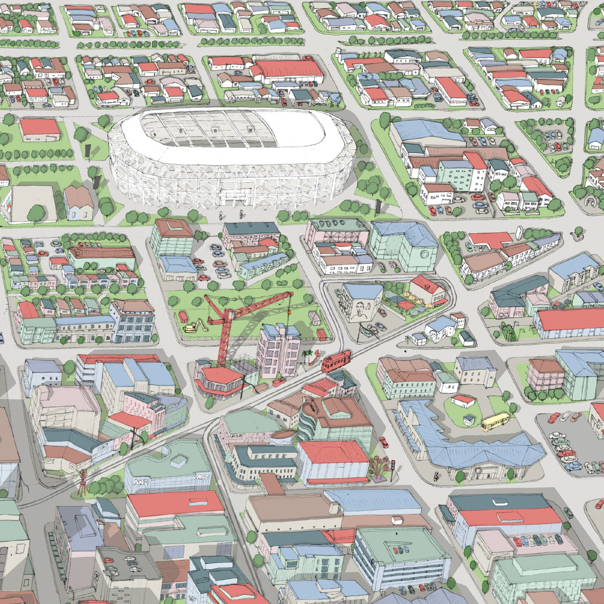 Christchurch hand drawn map art print, New Zealand. Shows the city streets, the official project of the new Cathedral, the New stadium, and thousands of details. New Stadium close up.