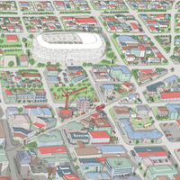 Christchurch hand drawn map art print, New Zealand. Shows the city streets, the official project of the new Cathedral, the New stadium, and thousands of details. New Stadium close up.