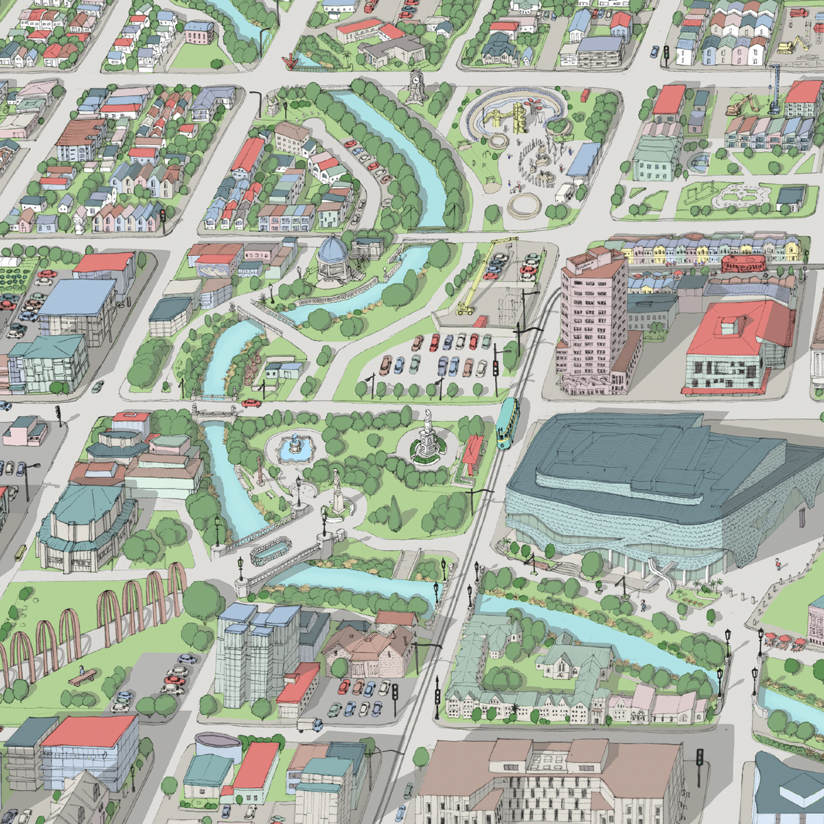 Christchurch hand drawn map art print, New Zealand. Shows the city streets, the official project of the new Cathedral, the New stadium, and thousands of details. River close up.
