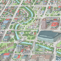 Christchurch hand drawn map art print, New Zealand. Shows the city streets, the official project of the new Cathedral, the New stadium, and thousands of details. River close up.