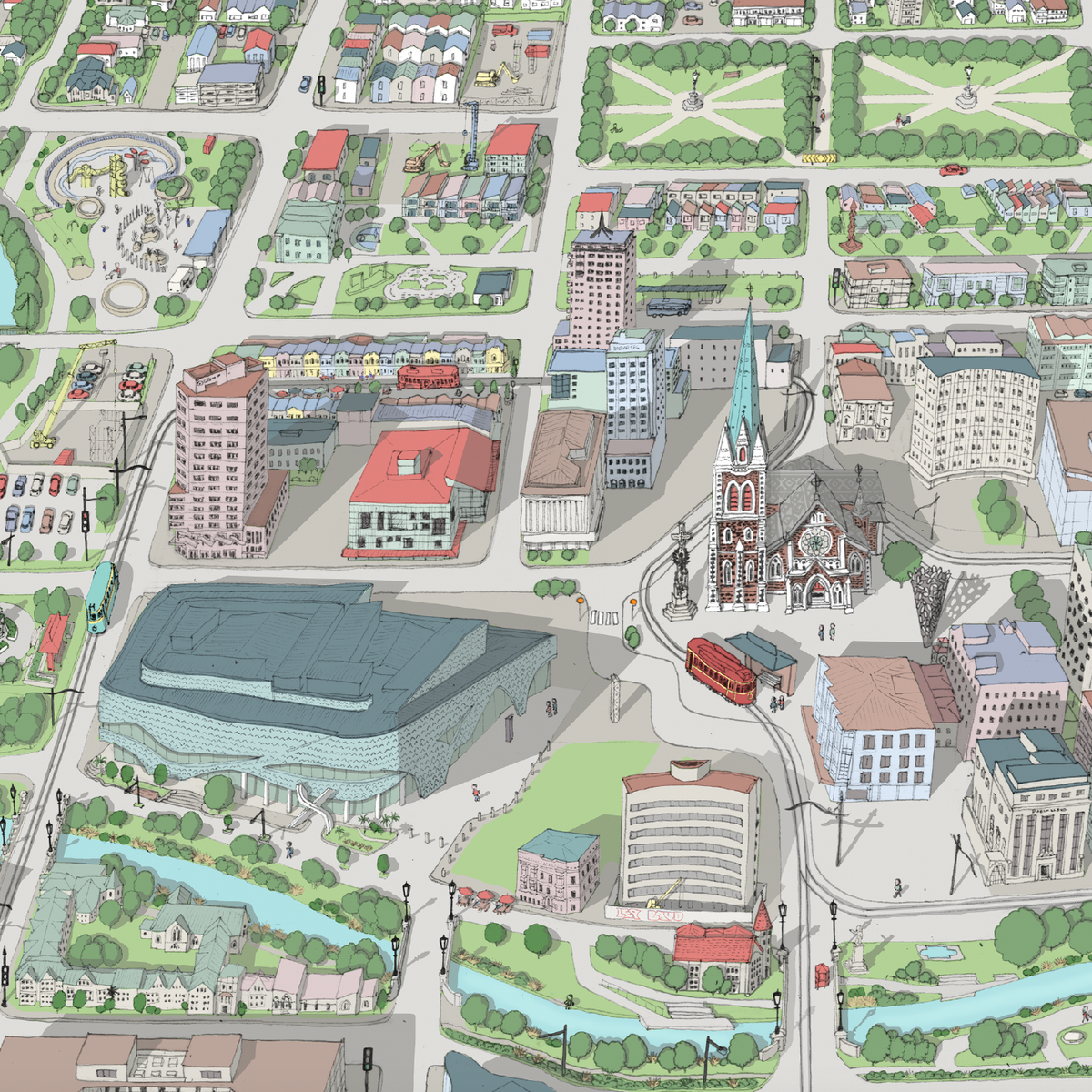 Christchurch hand drawn map art print, New Zealand. Shows the city streets, the official project of the new Cathedral, the New stadium, and thousands of details. Close up Cathedral and tram.