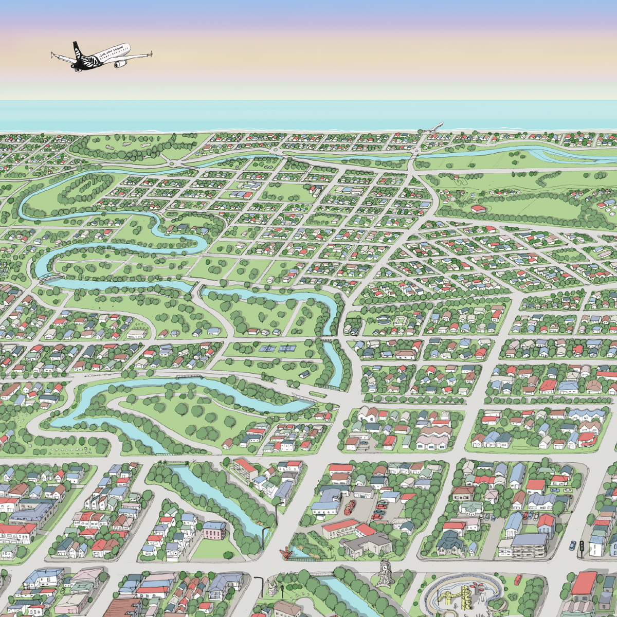 Christchurch hand drawn map art print, New Zealand. Shows the city streets, the official project of the new Cathedral, the New stadium, and thousands of details. Close up of the ocean and river. Air New Zealand plane.