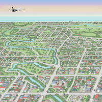 Christchurch hand drawn map art print, New Zealand. Shows the city streets, the official project of the new Cathedral, the New stadium, and thousands of details. Close up of the ocean and river. Air New Zealand plane.