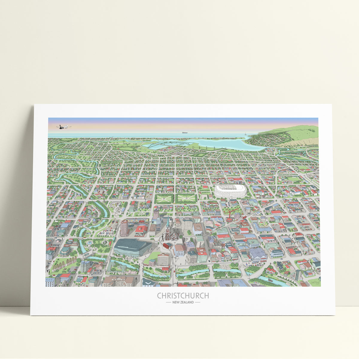 Hand-drawn map of Christchurch, New Zealand. Shows the city streets, the official project of the new Cathedral, the New stadium, and thousands of details. 