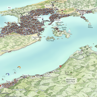 Hand-drawn map of Coromandel, New Zealand. Art Print. Watercolour style. Shows the coastline and towns. Awesome Perspective with Auckland behind. Close up.