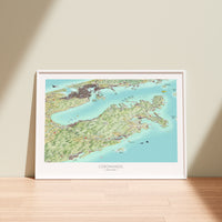 Hand-drawn map of Coromandel, New Zealand. Art Print. Watercolour style. Shows the coastline and towns. Awesome Perspective with Auckland behind. White frame displayed.