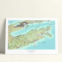 Hand-drawn map of Coromandel, New Zealand. Art Print. Watercolour style. Shows the coastline and towns. Awesome Perspective with Auckland behind.