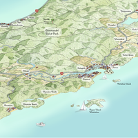 Hand-drawn map of Coromandel, New Zealand. Art Print. Watercolour style. Shows the coastline and towns. Awesome Perspective with Auckland behind. Close up Pauanui.