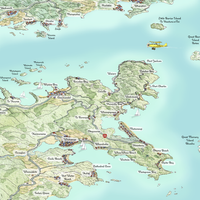 Hand-drawn map of Coromandel, New Zealand. Art Print. Watercolour style. Shows the coastline and towns. Awesome Perspective with Auckland behind. Close up Port Jackson. 