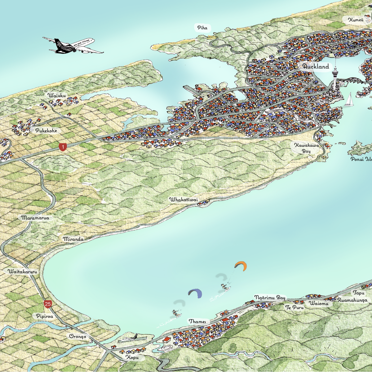 Hand-drawn map of Coromandel, New Zealand. Art Print. Watercolour style. Shows the coastline and towns. Awesome Perspective with Auckland behind. Close up thames. Air New Zealand plane.