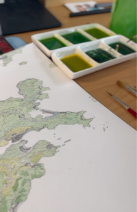 Hand-drawn map of Coromandel, New Zealand. Art Print. Watercolour style. Shows the coastline and towns. Awesome Perspective with Auckland behind. Watercolour painting process by Lea Baud