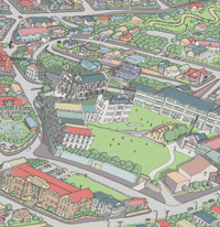 Close-up of Hand-drawn map art print of Dunedin, New Zealand – detailed pen and digital colour, featuring the Schools