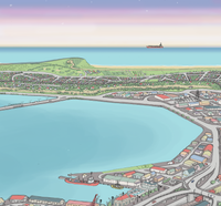 Close up of Hand-drawn map art print of Dunedin, New Zealand – detailed pen and digital colour, featuring the port  and ocean on the horizon.