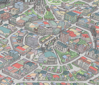 Close-up of Hand-drawn map art print of Dunedin, New Zealand – detailed pen and digital colour, featuring the Octagon.