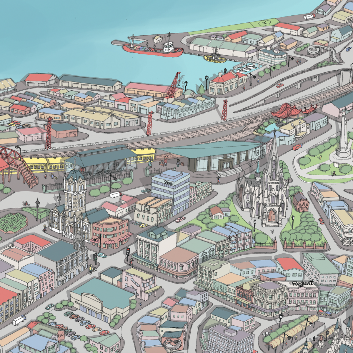 Close-up of Hand-drawn map art print of Dunedin, New Zealand – detailed pen and digital colour, featuring the railway, cathedral and port.