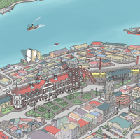 Close up Hand-drawn map art print of Dunedin, New Zealand – detailed pen and digital colour, featuring the railway station.