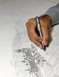 Dunedin map art print hand-drawing process. Marking with pen on pencil sketches by Leandro Baud