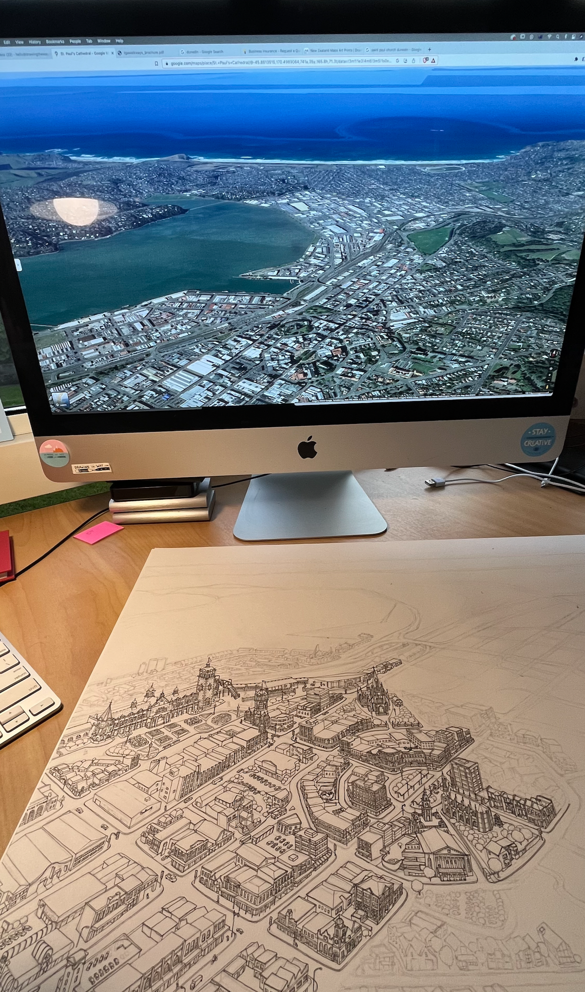 Dunedin map art print hand-drawing process. Octagon perspective Marking with pen on pencil sketches by Leandro Baud