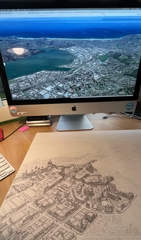 Dunedin map art print hand-drawing process. Octagon perspective Marking with pen on pencil sketches by Leandro Baud