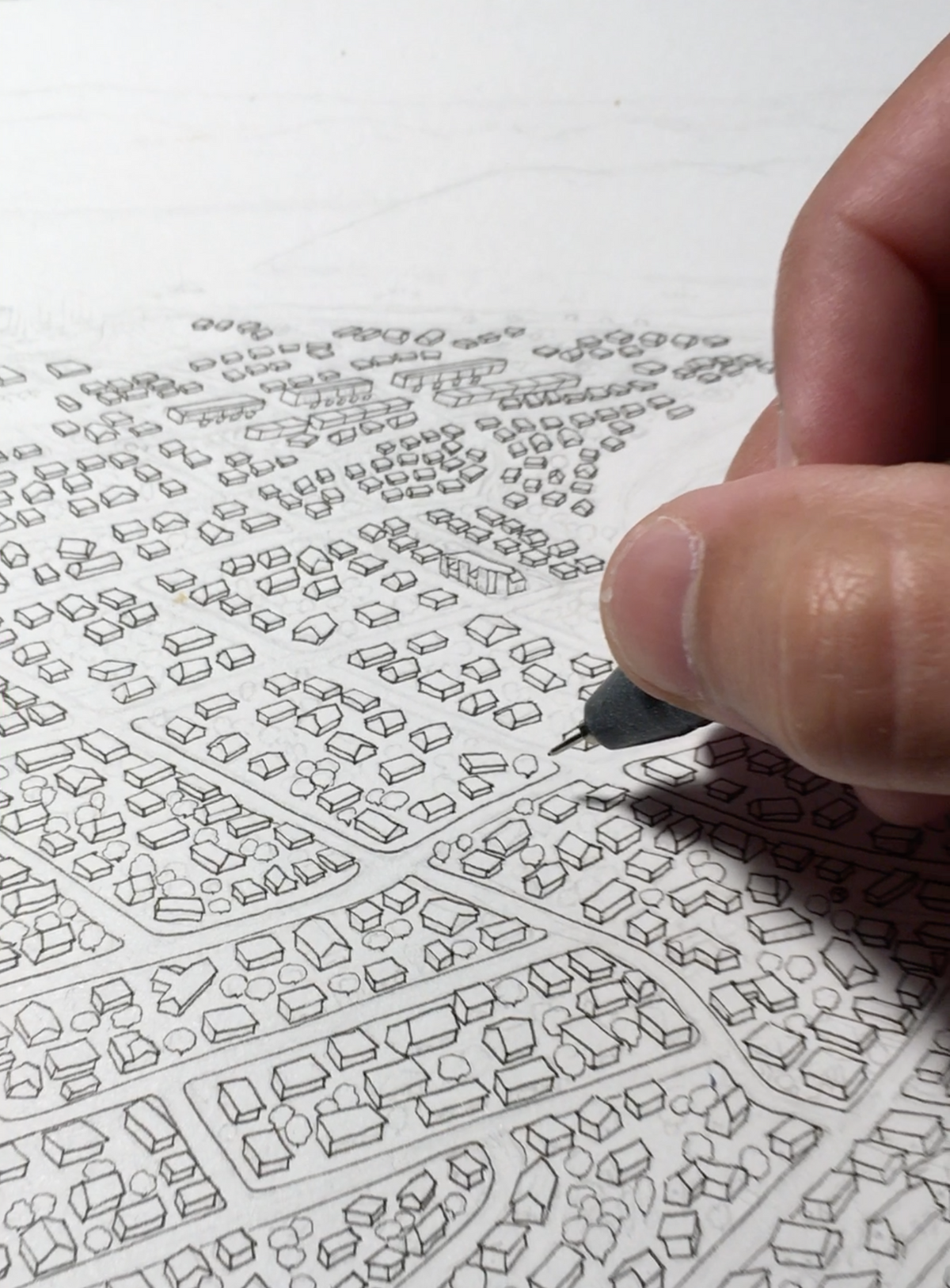 Hand-drawn map art print of Whangamata, New Zealand. Picture of process. Pen and pencil.