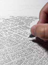 Hand-drawn map art print of Whangamata, New Zealand. Picture of process. Pen and pencil.