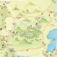 Close up Hand-drawn watercolour map of the Ruapehu region, New Zealand. Shows all the walking tracks, points of interest, roads, and trails across the area. Created as part of a tourist flyer for Ruapehu Council. Detailed and colourful illustration with a love for watercolours, capturing the beauty of the landscape where we used to live.