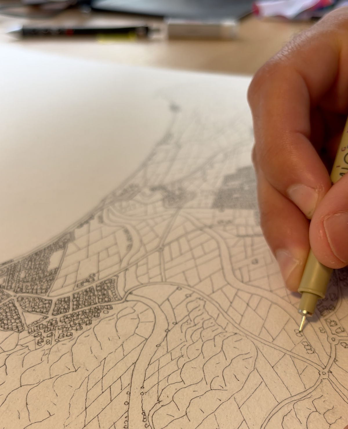 Hand-drawn  Hawke's Bay Map drawing process. Making lines with pen after pencil sketches.