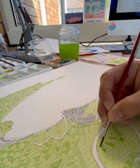 Hand-drawn Hawke's Bay map painting process with watercolours.