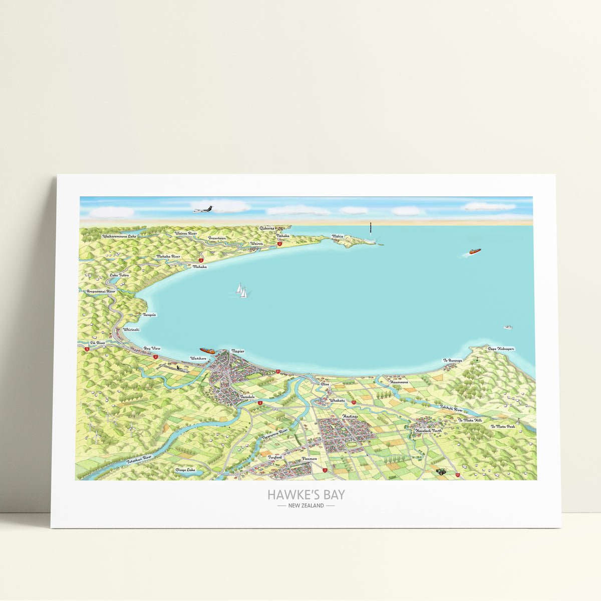 Hand-drawn map art print of Hawke's Bay, New Zealand. Watercolour added for land and digital colours for Ocean. Shows the coastline, vineyards, Napier and towns.
