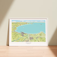 Hand-drawn map art print of Hawke's Bay, New Zealand. Watercolour added for land and digital colours for Ocean. Shows the coastline, vineyards, Napier and towns. White Frame.