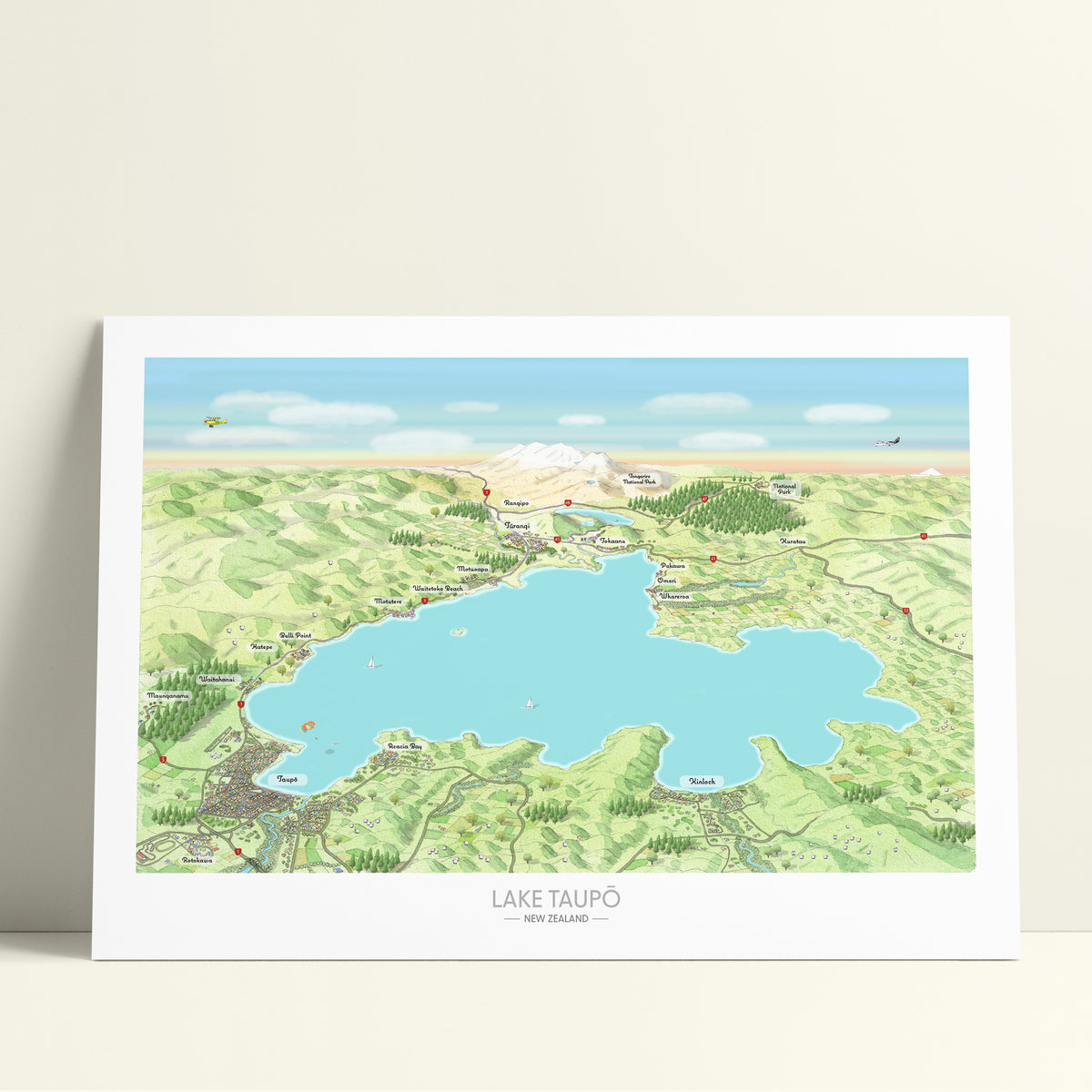 Hand-drawn map art print of Lake Taupō, New Zealand – watercolour land, digital sky and lake, featuring Taupō, Kinloch, Ruapehu, and Ngauruhoe on the horizon.
