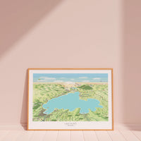 Hand-drawn map art print of Lake Taupō, New Zealand – watercolour land, digital sky and lake, featuring Taupō, Kinloch, Ruapehu, and Ngauruhoe on the horizon. Wood framed version for display.
