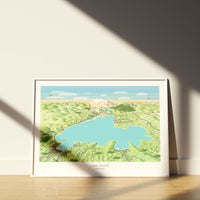 Hand-drawn map art print of Lake Taupō, New Zealand – watercolour land, digital sky and lake, featuring Taupō, Kinloch, Ruapehu, and Ngauruhoe on the horizon. White framed version for display.